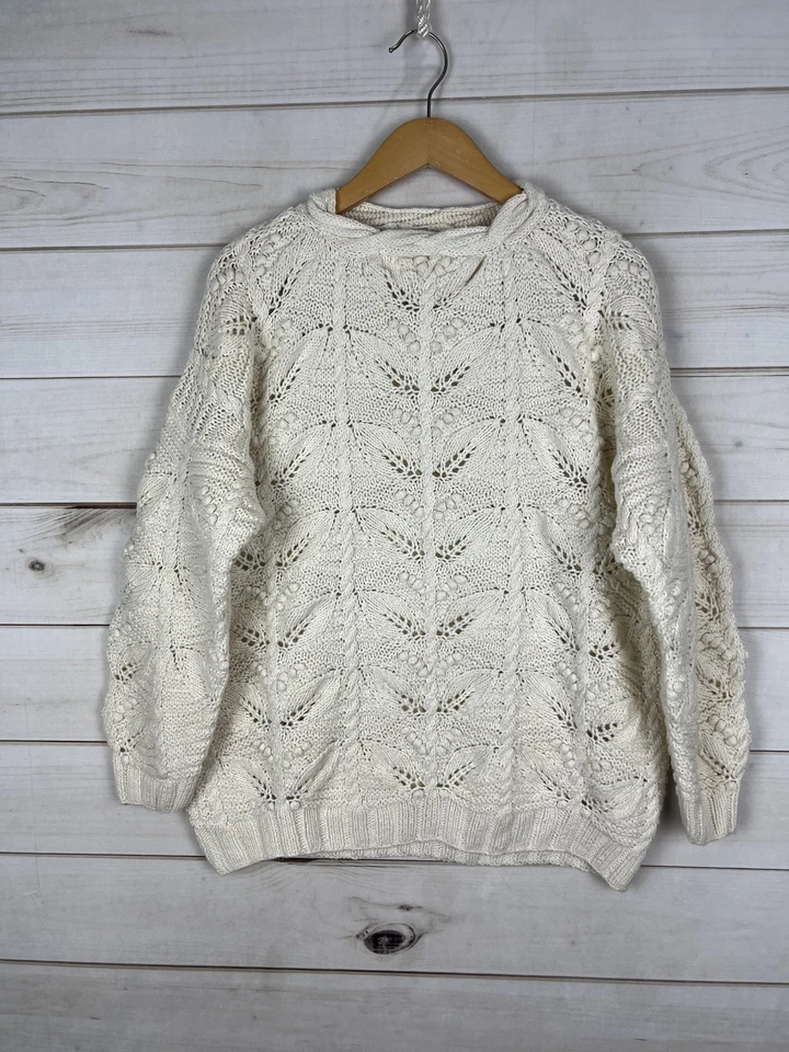 Suéter Express Tricot Mujer Mediano Crema Blanco Tejido a Mano Hoja Pullover Foto 1 de 4