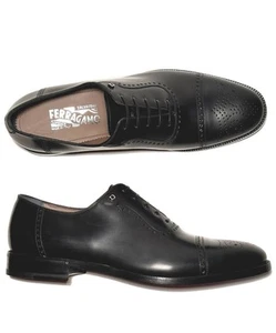Ferragamo LANNON 12 D Black Leather Cap Toe Brogue Gancini Oxford Men's Dress - Picture 1 of 7
