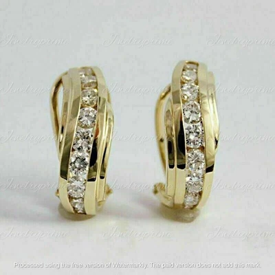 1Ct Round Cut Lab Created Diamond Hoop Huggie Earrings 14K Yellow Gold Finish - Image 1 of 4