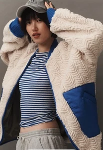 Anthropologie Pilcro Colorblock Sherpa Jacket Zip Up Pockets Ivory Blue S NWT - Picture 1 of 7