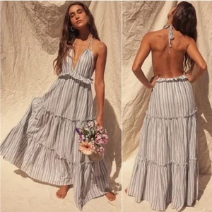Lulus Womens XXS Gray Striped Open Back Boho Vacay Romantic Halter Maxi Dress - Picture 1 of 7