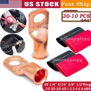 30/10PCS 1/0 AWG Gauge Copper Cable Lugs BLACK & RED Heat Shrink Ring Terminals - Picture 1 of 47
