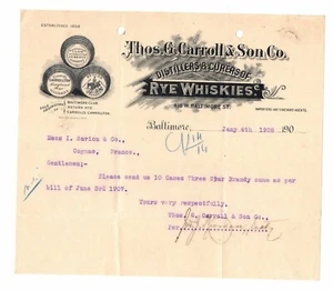 1908 Baltimore Briefkopf Billhead Thos G Carroll & Son Co Rye Whiskys Whisky - Bild 1 von 2