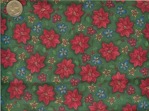 "MINI POINSETTIAS ON GREEN" SUSAN M. ROBBINS FOR QUILTING TREASURE - ONE YARD - Picture 1 of 1