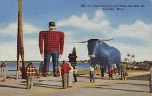 Paul Bunyan & Babe the Blue Ox, Bemidji, MN Roadside 1956 Linen Vintage Postcard - Picture 1 of 2