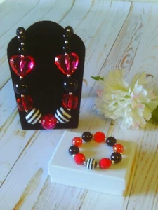 Red and Black Chunky Acrylic Necklace Set Featuring Red Transparent Hearts - Picture 1 of 10
