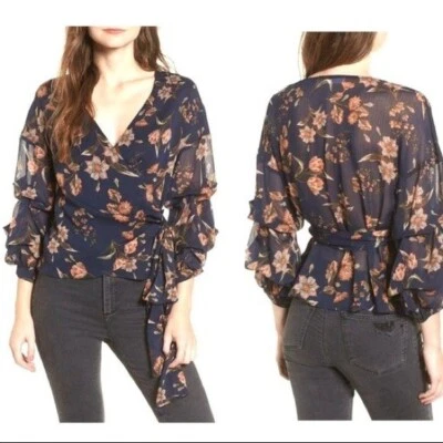 Blusa Astr Floral Manga Volantes Azul Marino XS Foto 1 de 4