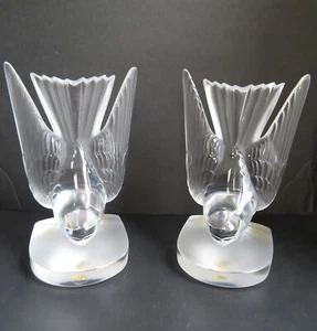 Lalique Crystal Deaux Hirondelles Two Swallows Paperweight Bookends Signed - Picture 1 of 17