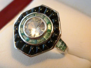 14k Solid White Gold Art Deco Onyx Emerald White Sapphire Ring, R604 Custom   - Foto 1 di 7
