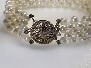 Sterling Silver 925 Bracelet Acier Artificial Faux Pearls - Picture 1 of 9