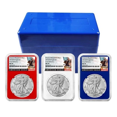 2025 (W) $1 American Silver Eagle 3pc Set NGC MS70 ER Black Label Red White Blue - Image 1 of 4