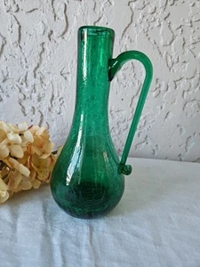 Vintage Green Crackle Glass Cruet Pitcher - Picture 1 of 5