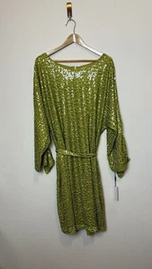 Vicky Tiel Women's Sequin Midi Belted Apple Green Long Sleeve Scoop Neck Size 2X - Picture 1 of 13