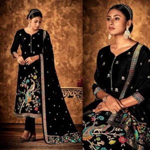 BLACK BANARASI MEENAKARI DOLA SILK INDIAN READYMADE LADIES SALWAR KAMEEZ SUIT - Picture 1 of 3