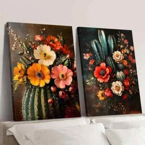 2pcs Cactus And Prickly Pear with Flower Desert Plants Wall Art Canvas Unframed - Imagen 1 de 7