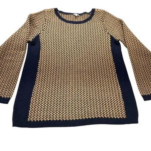 M Talbots Sweater Womens Navy Blue Camel Brown Tan 100% Cotton side strips slim - Picture 1 of 12