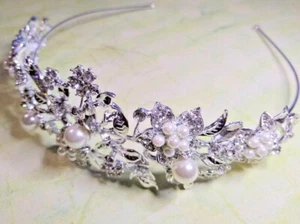 Crystal White Pearl Vintage Style Flower Hairband Tiara Headpiece - Picture 1 of 5