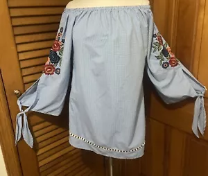 Avani del Amour Tunika Oberteil Boho Blumen bestickt 3/4 Ärmel blau L - Bild 1 von 12