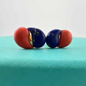 Vintage Tiffany & Co. Coral and Lapis Double Teardrop Earrings 18k Peretti - Picture 1 of 3