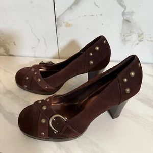 MIA Angelina Platform Heels Womens Size 6.5 Maroon Suede Gold Studded Slip On - Picture 1 of 8