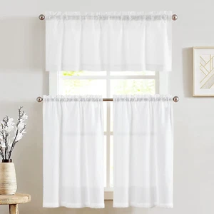 White Kitchen Curtains and Valances Set 3 Pieces Linen Tiers and Valance 24 Inch - Picture 1 of 12