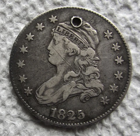 1825/4 25C Capped Bust Quarter Large Diameter Rare Key Date Variety VF  XF Holed Cover
