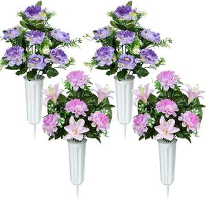 Fiori Artificiali da Cimitero con Vaso per Decorazione Tomba, Set di 4 - Foto 1 di 18