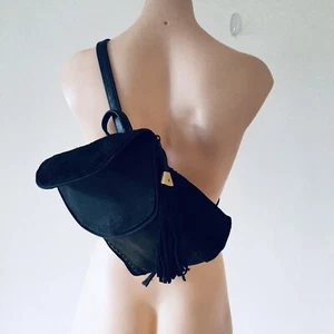 Vintage Retro Tassel Black Backpack Small Womens Leather Bag Grunge Boho Y2K - Picture 1 of 12