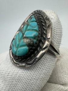 Vintage Navajo Carved Blue Turquoise Leaf Sterling Silver Ring Size 8 - Picture 1 of 7