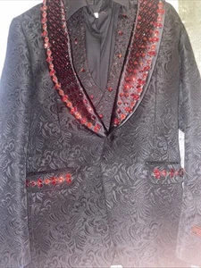 Manzini Men's Slim Fit Floral Pattern Rhine Stone Black Royal Tuxedo With Shoes - Picture 1 of 11