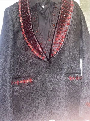 Manzini Men's Slim Fit Floral Pattern Rhine Stone Black Royal Tuxedo With Shoes - Image 1 of 4