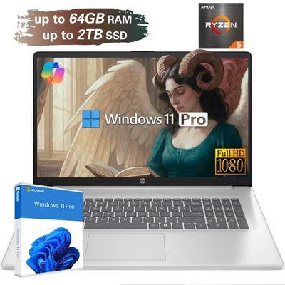 2025 HP 17.3"HD Touch Laptop Win11Pro computer AMD Ryzen5 7430U 64GB RAM 2TB SSD - Image 1 of 4