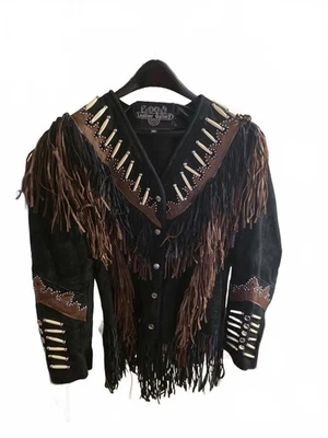 Chaqueta de cuero para mujer Galería de cuero negra y marrón con flecos XXL motociclista occidental Foto 1 de 4