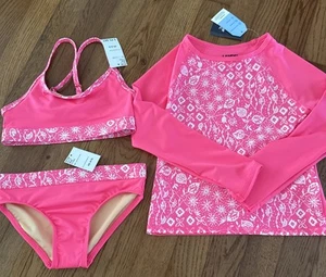 Girls XS (4-5) Lands End 3 Piece Pink Floral Swim Suit With Rash guard Set - Picture 1 of 2