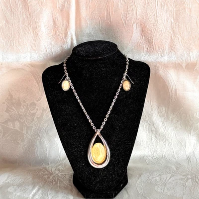 KENNETH COLE necklace earrings iridescent pendant French hook silvertone metal - Image 1 of 4