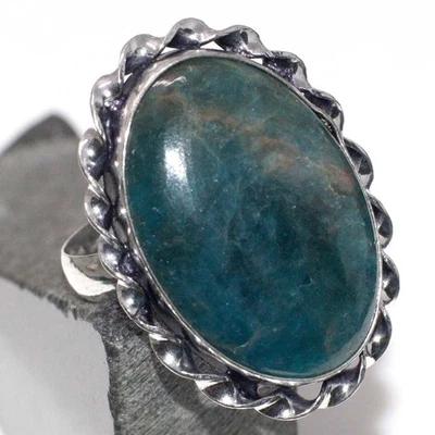 Anillo étnico enchapado en plata 925 azul apatita hecho a mano joyería talla US 10 MJ Foto 1 de 3
