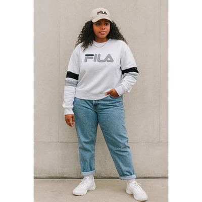 Sudadera con Logo FILA Blanca Cuello Redondo Negra Manga a Rayas Informal Retro Adulto XL  Foto 1 de 4