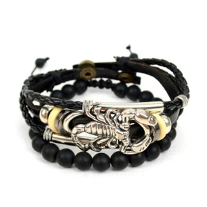 Bracciale Uomo "Scorpione" in Vera Pelle e Pietra Naturale Set Due Pezzi - - Foto 1 di 7