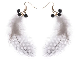 Diva Glam Tupfen Rauchgrau schwarz weiß Vogel Fuzzy Feder Fisch Haken Ohrringe - Bild 1 von 5