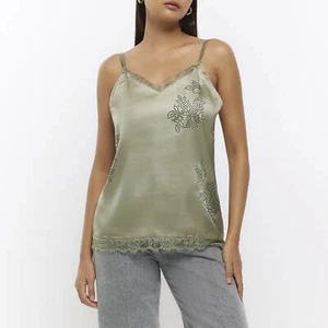 River Island Womens Cami Top Green Satin Fabric Hotfix Star Diamante Sleeveless - Picture 1 of 9