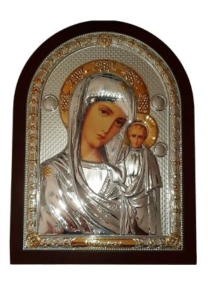 QUADRO STILE ICONA RUSSA Cm.37x26 MADONNA del KAZAN LASTRA in ARGENTO 925% e ORO - Immagine 1 di 4