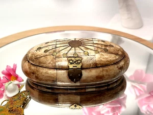 Vintage Trinket Box Mosaic Camel Bone Brass Red Velvet Upholstered Beige - Picture 1 of 14