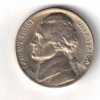 1962 Philadelphia Brilliant Uncirculated Jefferson Nickel Five Cent Coin! - Image 1 of 2