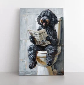 Funny Cute Portuguese Water Dog on Toilet Painting Print Canvas | Pet Dog Gift - Picture 1 of 10