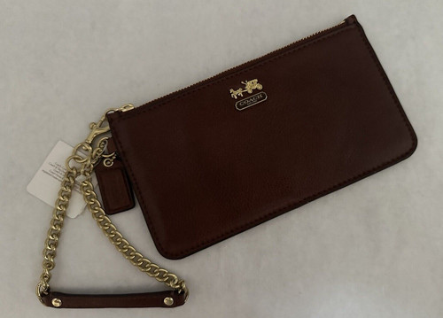 Coach Madison Portafoglio Pelle Catena Polso Ghianda Marrone Oro Logo Designer NUOVO