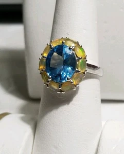 Ross Simon Sterling silver 3.20ct oval Swiss Blue Topaz Opal cluster ring w/box - Picture 1 of 12