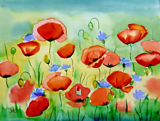 Poppy Field  ORIGINAL AQUARELL Watercolor Art Decoration Watercolor Mohnwiese