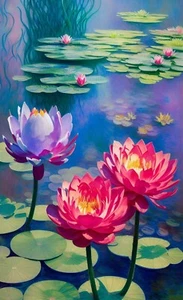 Lotus Flowers - Pretty Water Lilies Impressionist Garden Art Print 11x17 Signed! - Bild 1 von 2