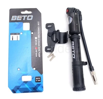 Bomba de bicicleta de alta presión BETO 300 psi, amortiguador/horquilla 2 en 1,2 etapas bicicleta ciclismo Foto 1 de 4