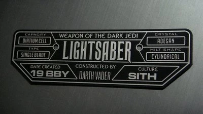 CUSTOM DARTH VADER LIGHTSABER SPECIFICATIONS DATA PLATE STAR WARS JEDI  - Image 1 of 3